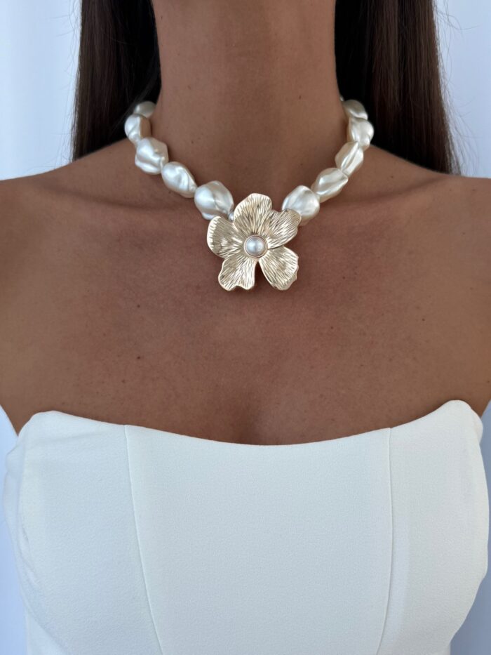 Özel Seri Gold Çiçek Büyük Barok İnci Choker Kolye