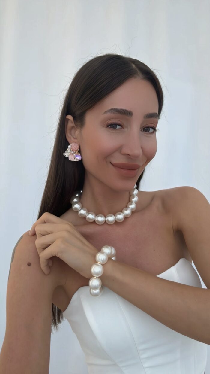 Özel Seri Taşlı Çiçek & İnci Tasarım Pembe Kalp Küpe