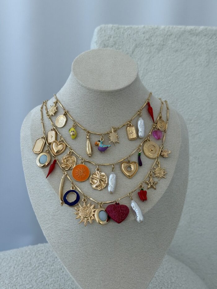 Özel Seri Marka Model Charm Detay Üçlü Gold Kolye