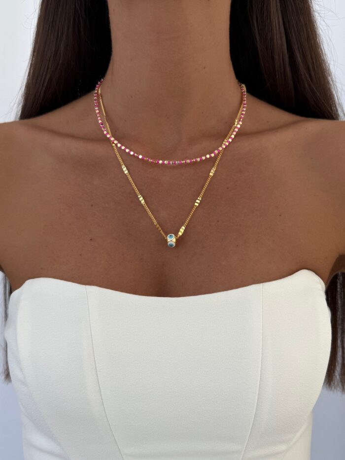 Özel Seri Nazar Motif Pembe Boncuklu İkili Gold Kolye
