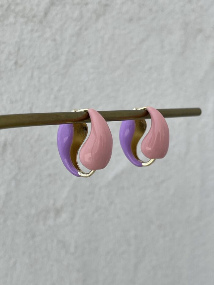 Özel Seri Pembe Lila Damla Halka Tasarım Gold Küpe