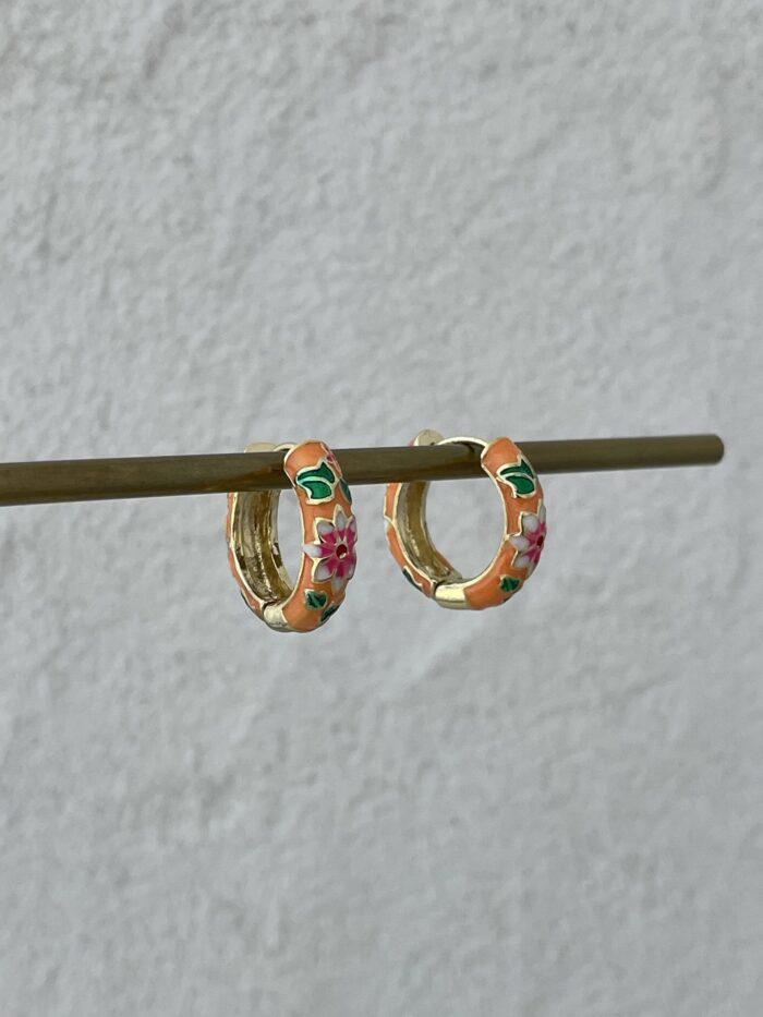 Özel Seri Çiçek Kabartma Desen Turuncu Gold Küpe