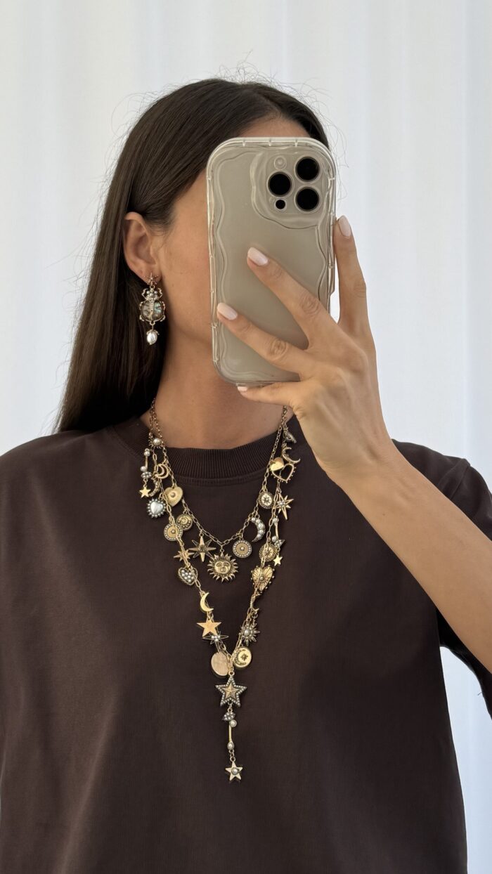 Özel Seri Eskitme Çoklu Charm Tasarım İkili Gold Kolye