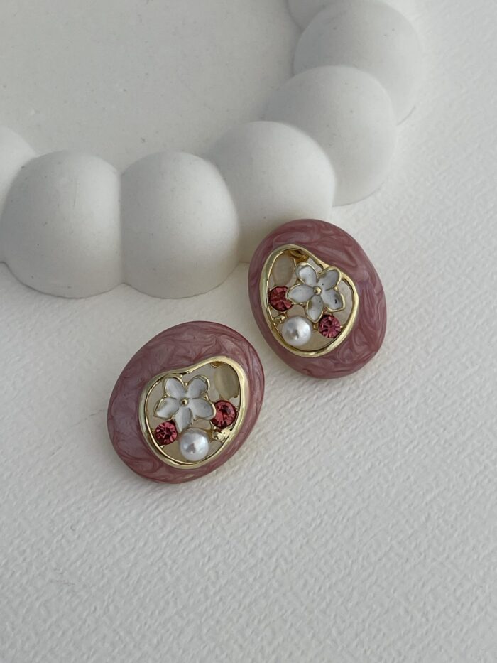 Özel Seri Zirkon Taş İncili Oval Tasarım Pembe Gold Küpe