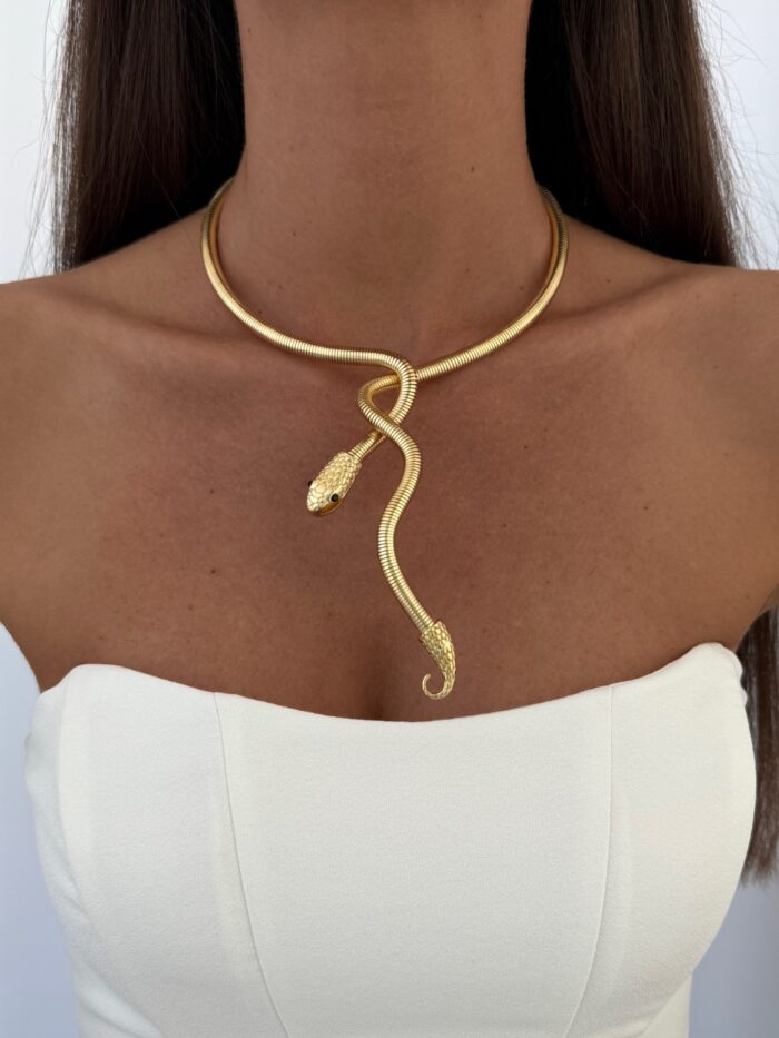 Özel Seri Sarmal Yılan Tasarım Gold Choker Kolye