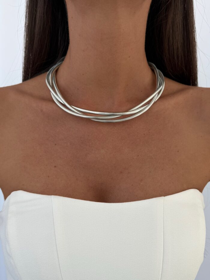 Özel Seri Tırtık Model Üçlü Sarmal Tasarım Gümüş Choker Kolye