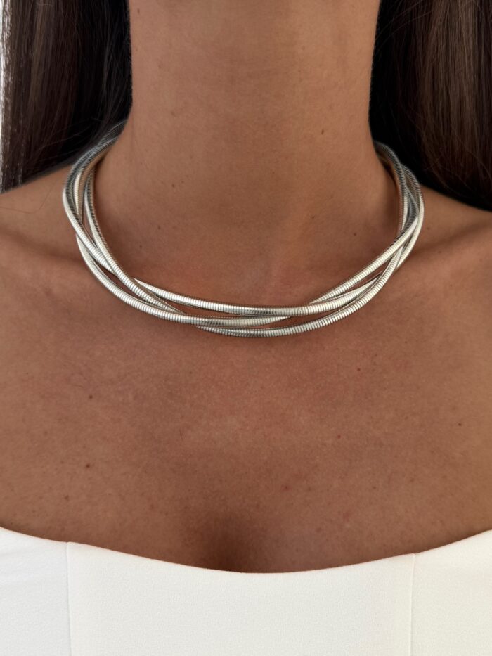 Özel Seri Tırtık Model Üçlü Sarmal Tasarım Gümüş Choker Kolye