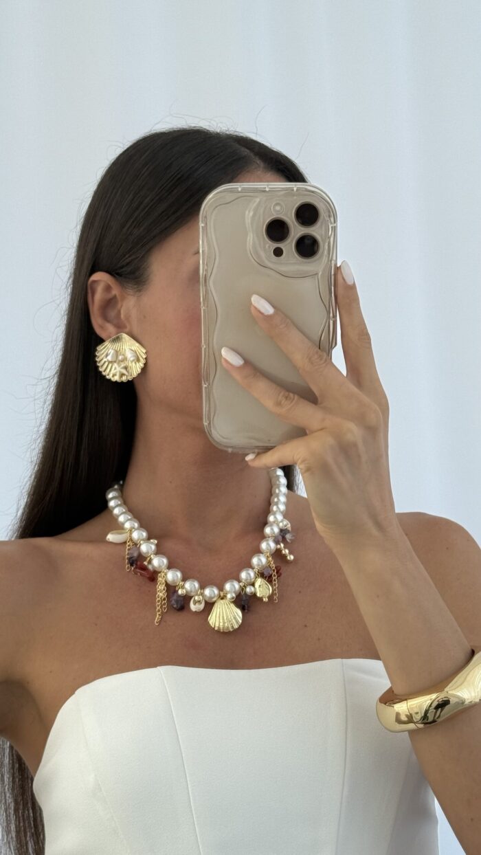 Özel Seri Charm Detay Deniz Kabuğu Tasarım Gold İnci Kolye