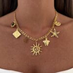 Çelik Kahve Mineli Güneş Charm Gold Kolye