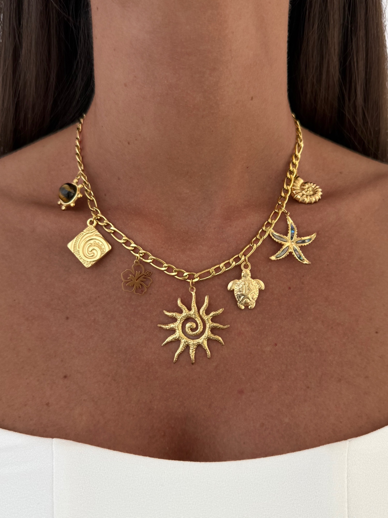 img_6513-4 Çelik Kahve Mineli Güneş Charm Gold Kolye