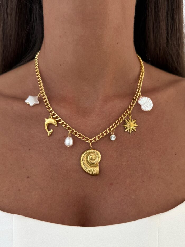 Çelik İnci Detay Deniz Kabuğu Charm Gold Kolye