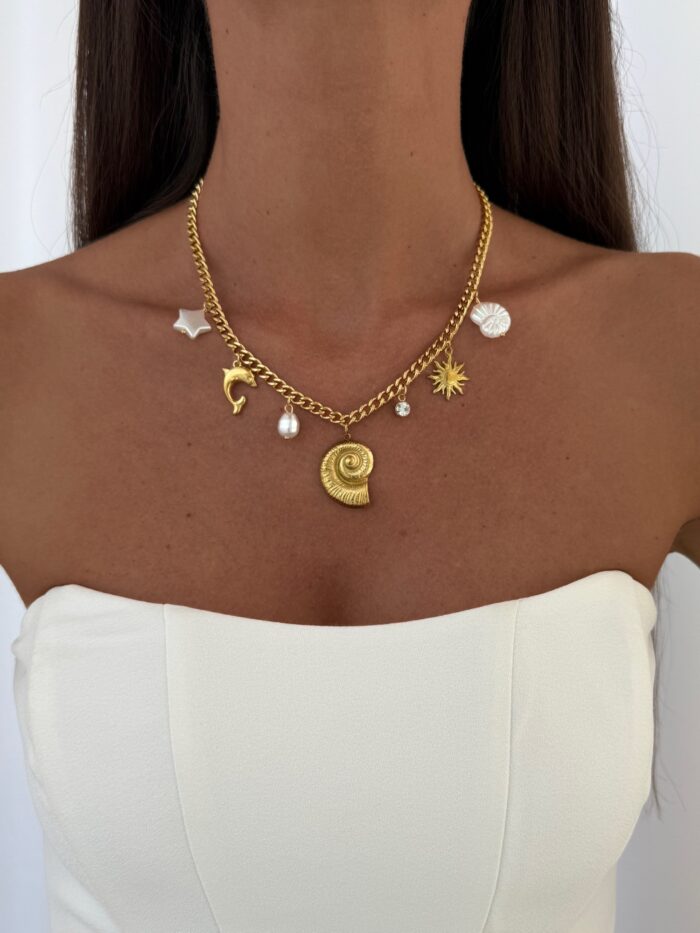 Çelik İnci Detay Deniz Kabuğu Charm Gold Kolye
