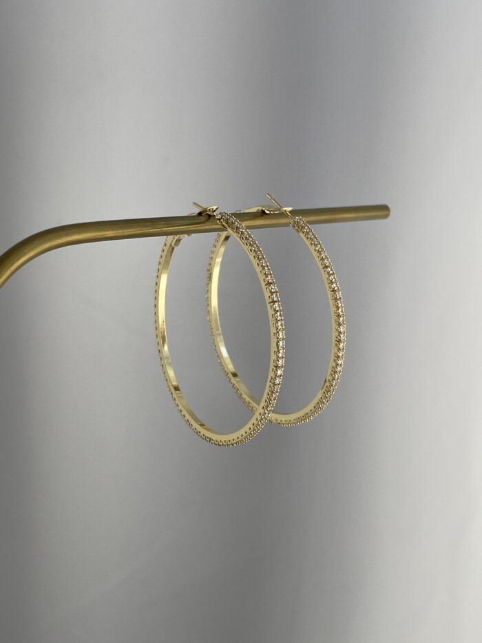 Özel Seri Zirkon Taşlı Gold Büyük Boy Halka Küpe