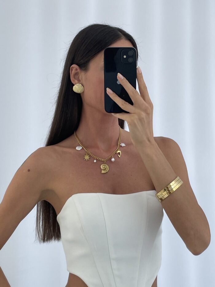 Çelik İnci Detay Deniz Kabuğu Charm Gold Kolye