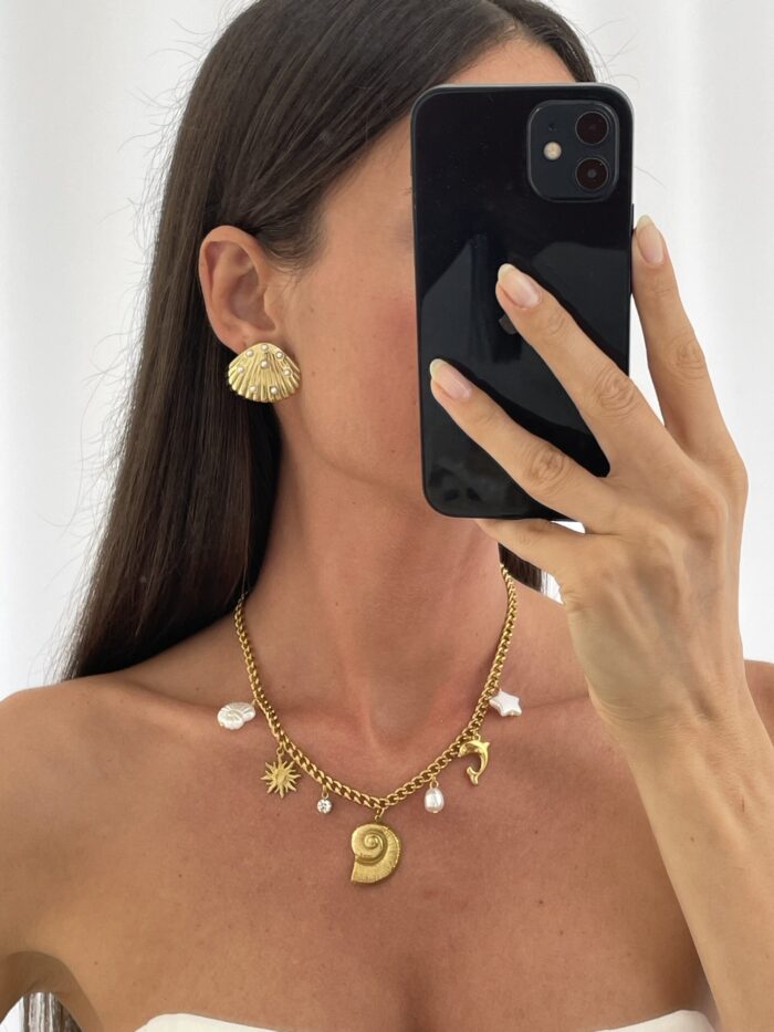 Çelik İnci Detay Deniz Kabuğu Charm Gold Kolye