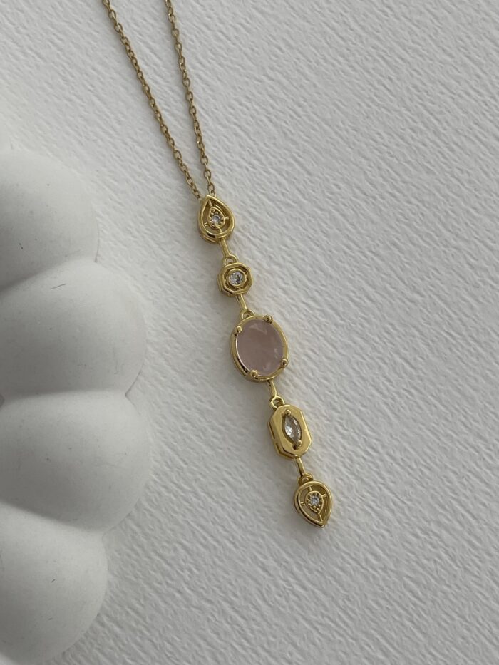 Çelik Pembe Kaplan Gözü Geometrik Tasarım Gold Y Kolye
