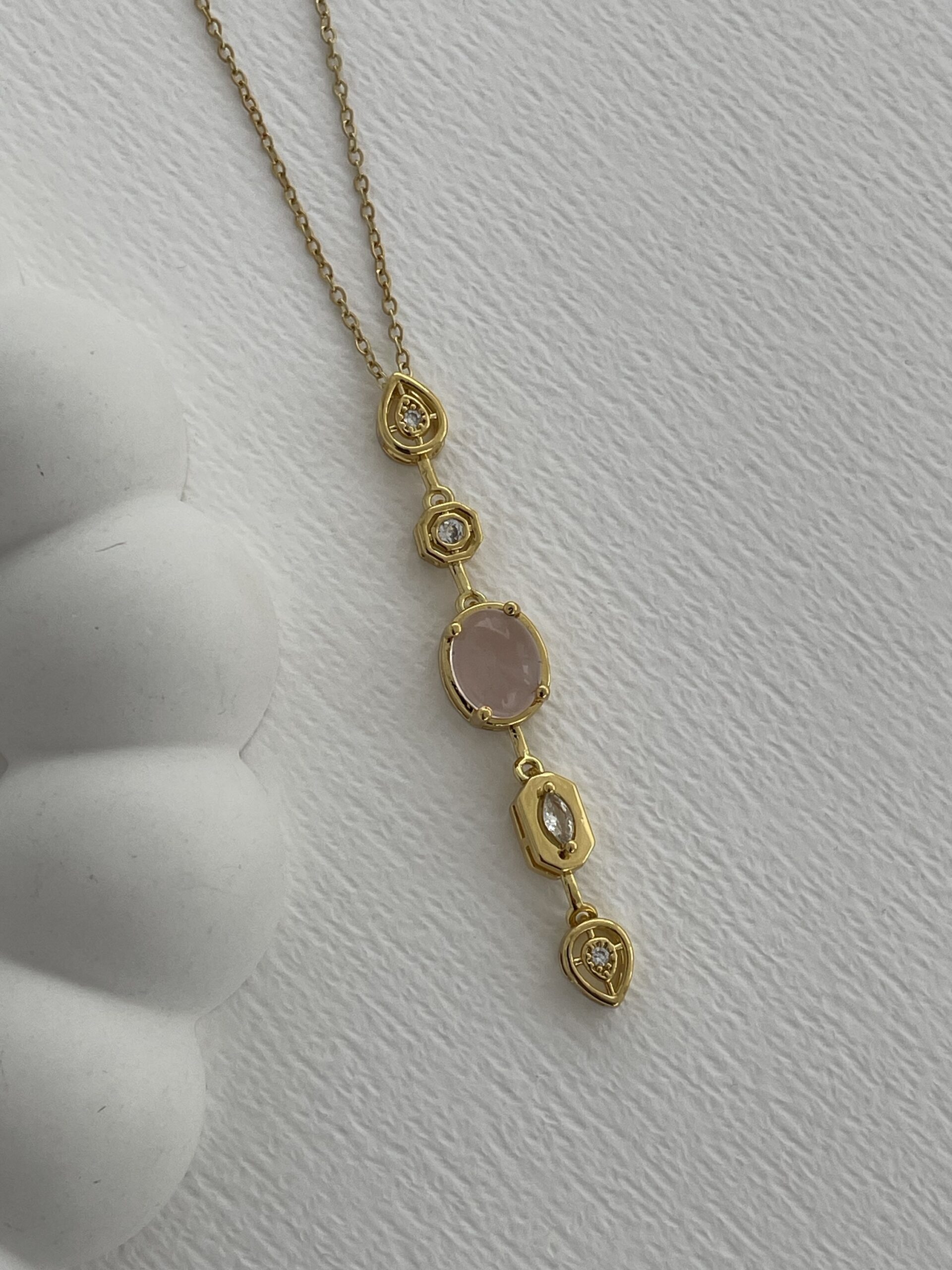 img_0057-2 Çelik Pembe Kaplan Gözü Geometrik Tasarım Gold Y Kolye