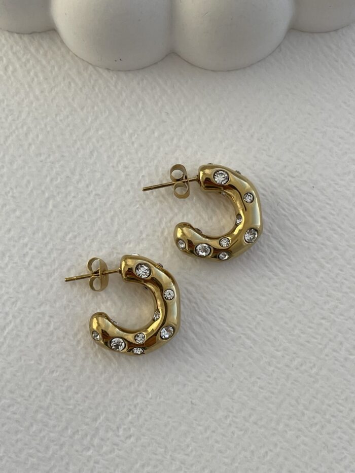 Çelik Zirkon Taşlı Soyut Tasarım Gold Halka Küpe