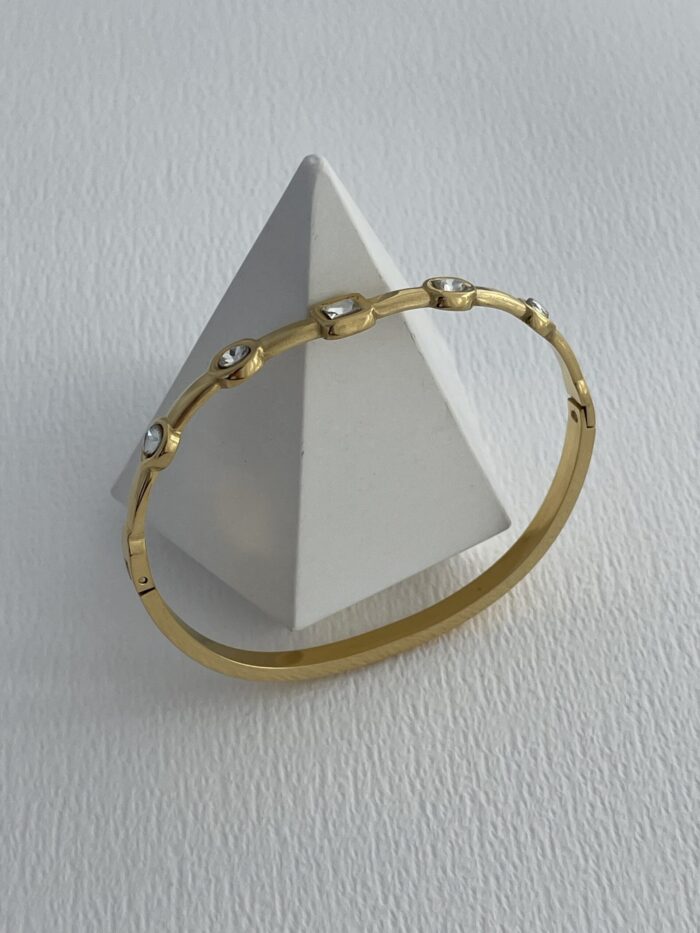 Çelik Geometrik Desen Taşlı Gold Kelepçe Bileklik