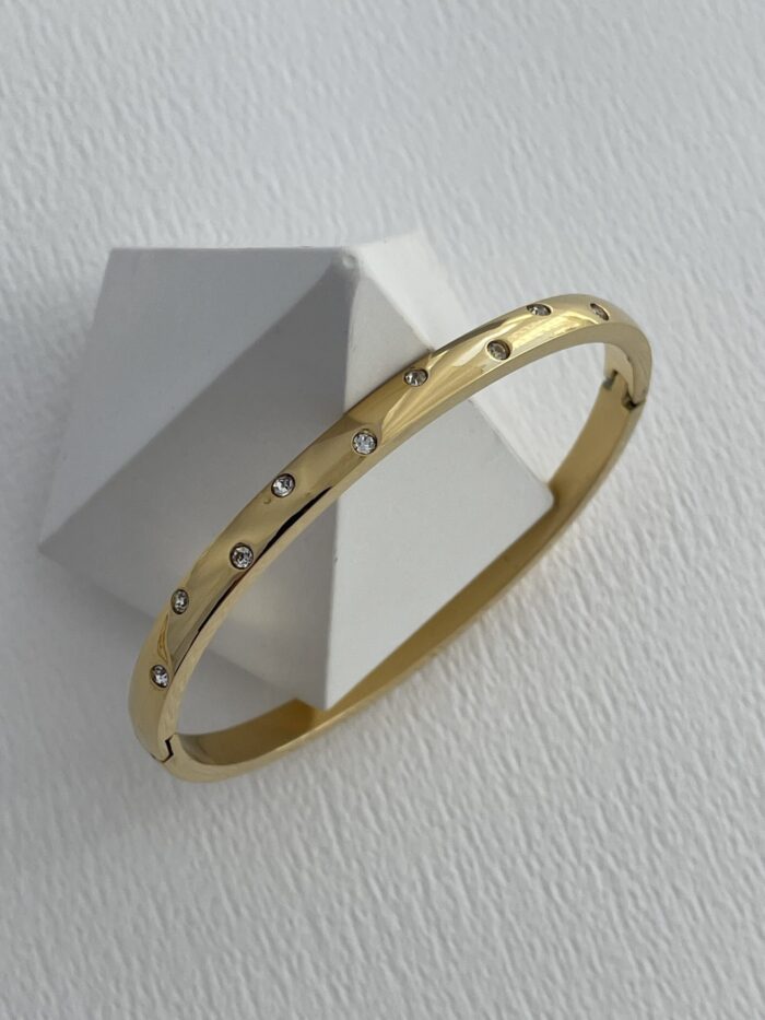Çelik Mini Yuvarlak Zirkon Taşlı Gold Kelepçe Bileklik