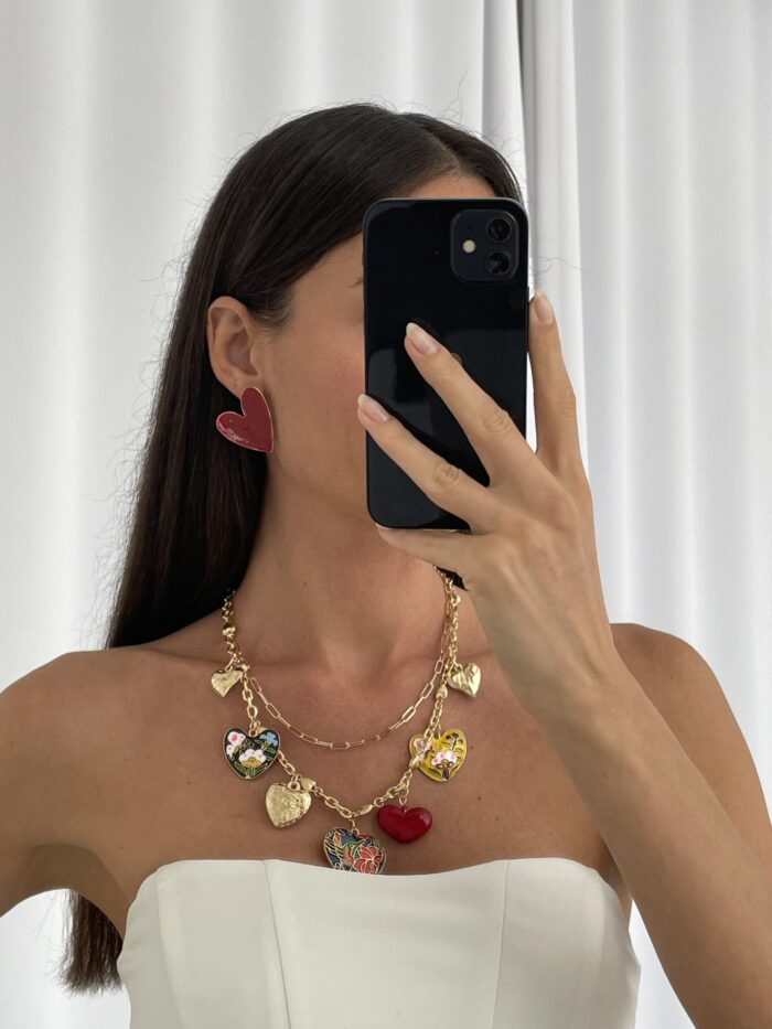Özel Seri Kırmızı Kalp Tasarım Gold Küpe
