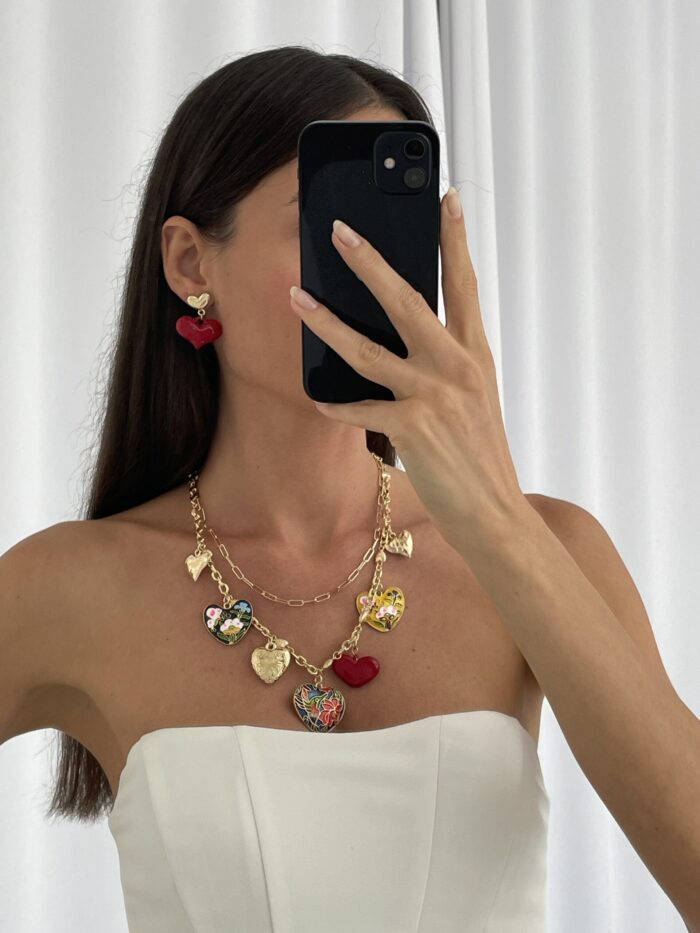 Özel Seri Kırmızı Kalp Tasarım Gold Küpe