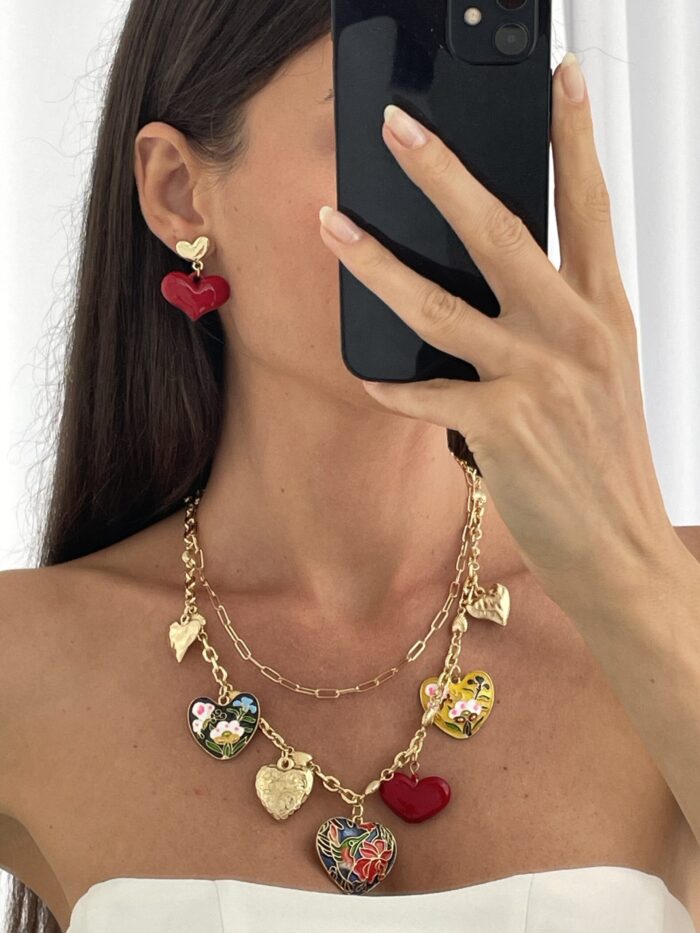 Özel Seri Kırmızı Kalp Tasarım Gold Küpe