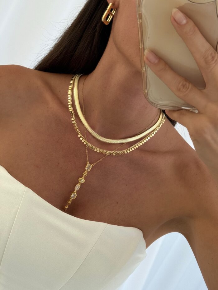 Çelik Saydam Baget Taşlı Geometrik Tasarım Gold Y Kolye