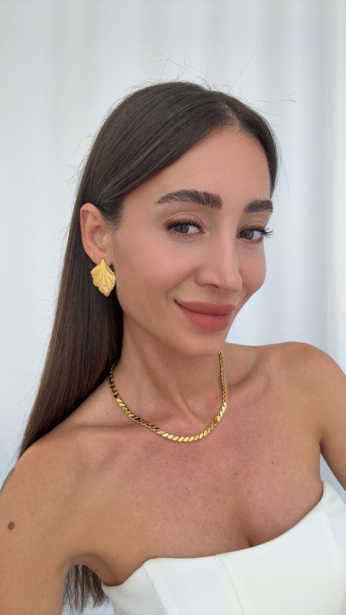 Çelik Yaprak Tasarım Gold Küpe