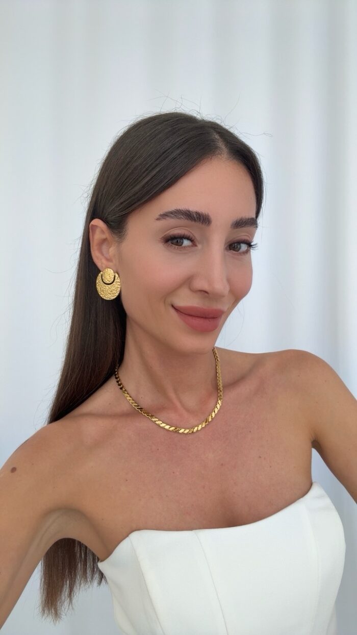 Çelik Desenli İç içe Oval Tasarım Gold Küpe