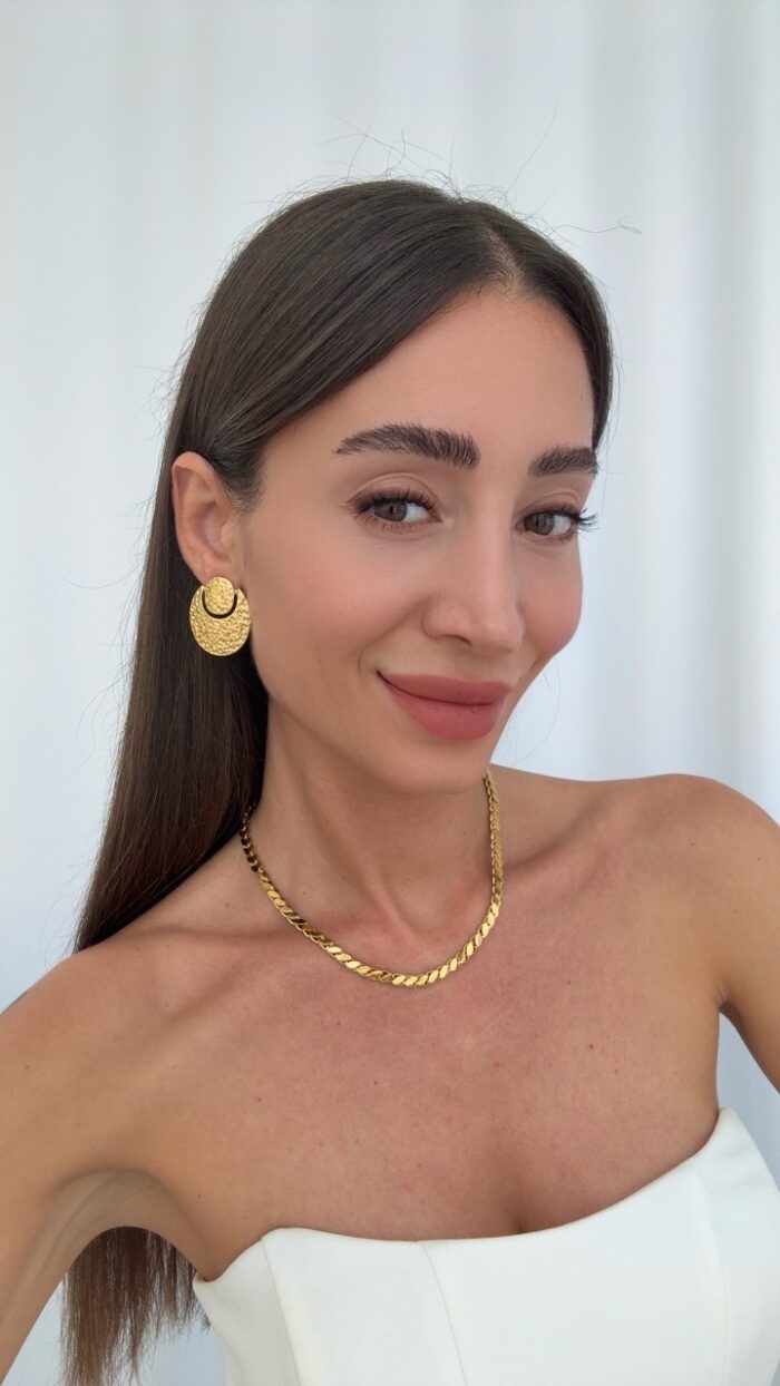 Çelik Desenli İç içe Oval Tasarım Gold Küpe