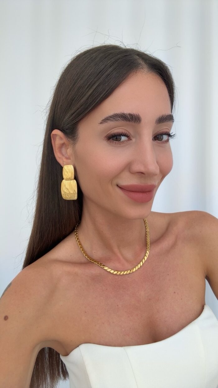 Çelik Desenli İkili Geometrik Tasarım Gold Küpe