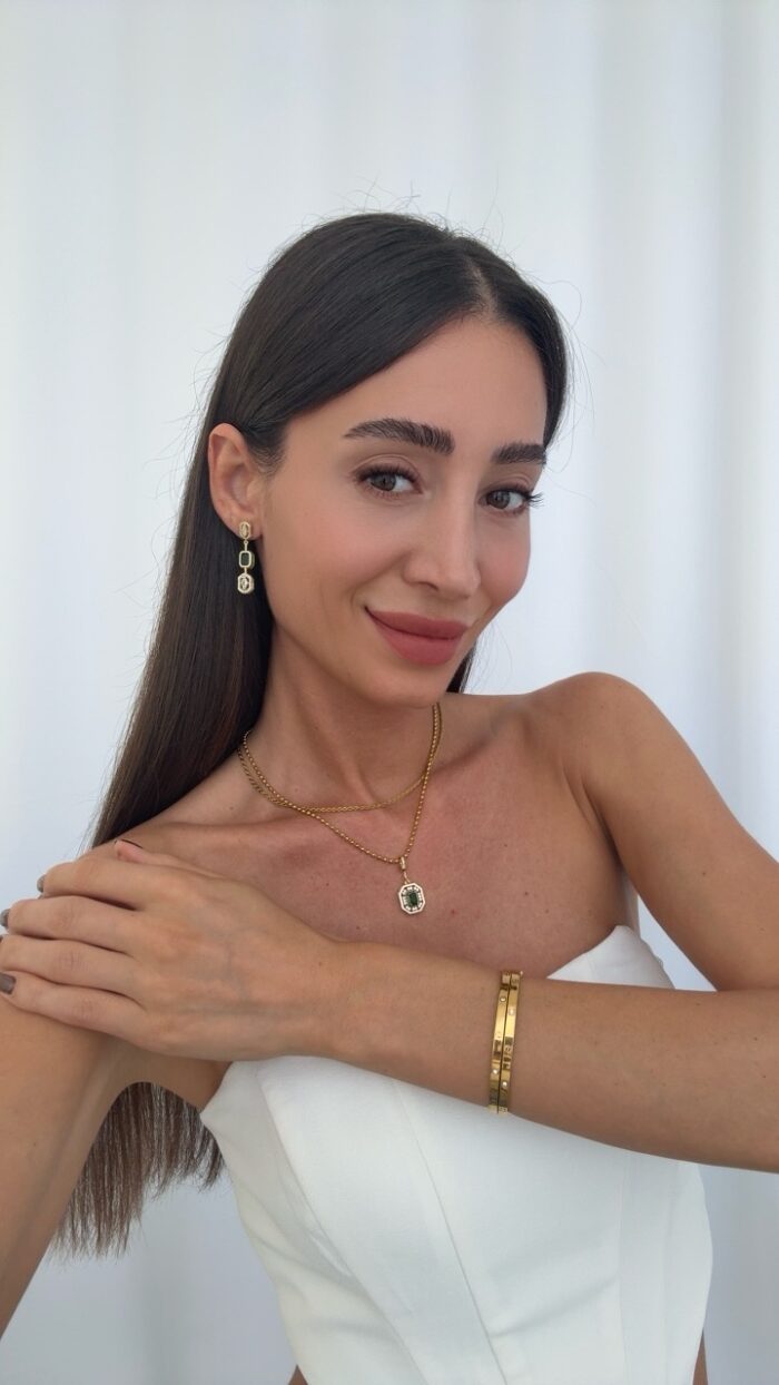 Özel Seri Zirkon & Yeşil Taşlı Geometrik Tasarım Gold Küpe