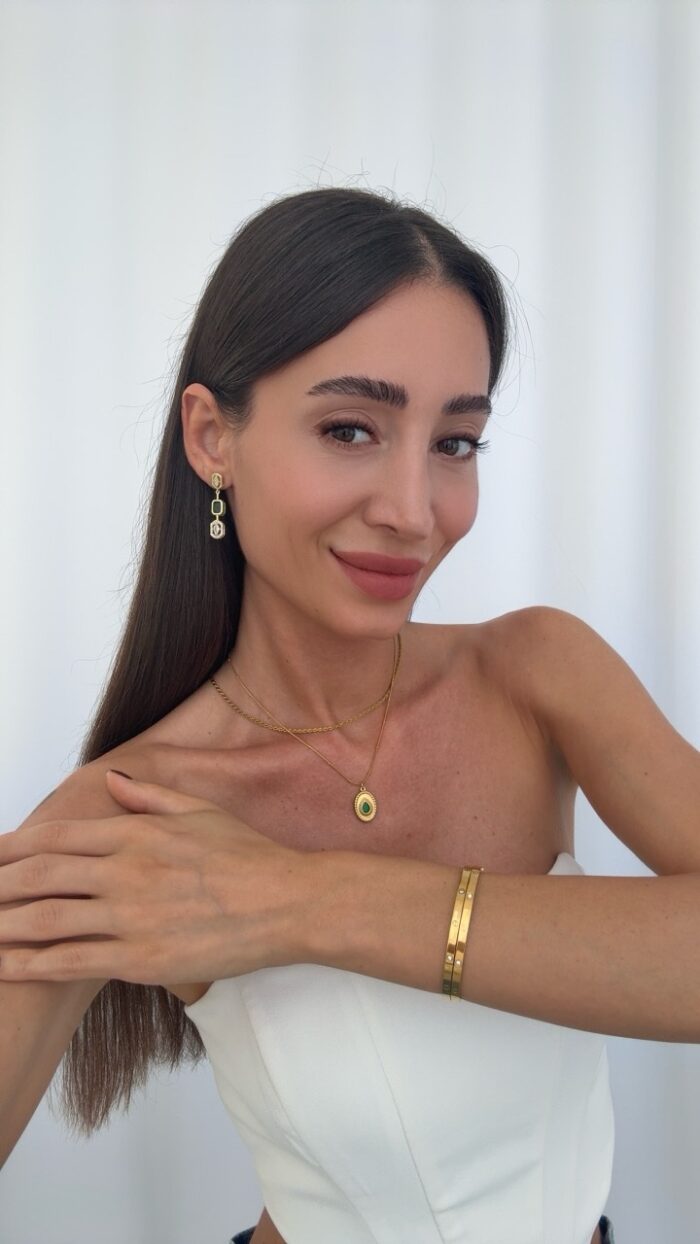 Özel Seri Zirkon & Yeşil Taşlı Geometrik Tasarım Gold Küpe