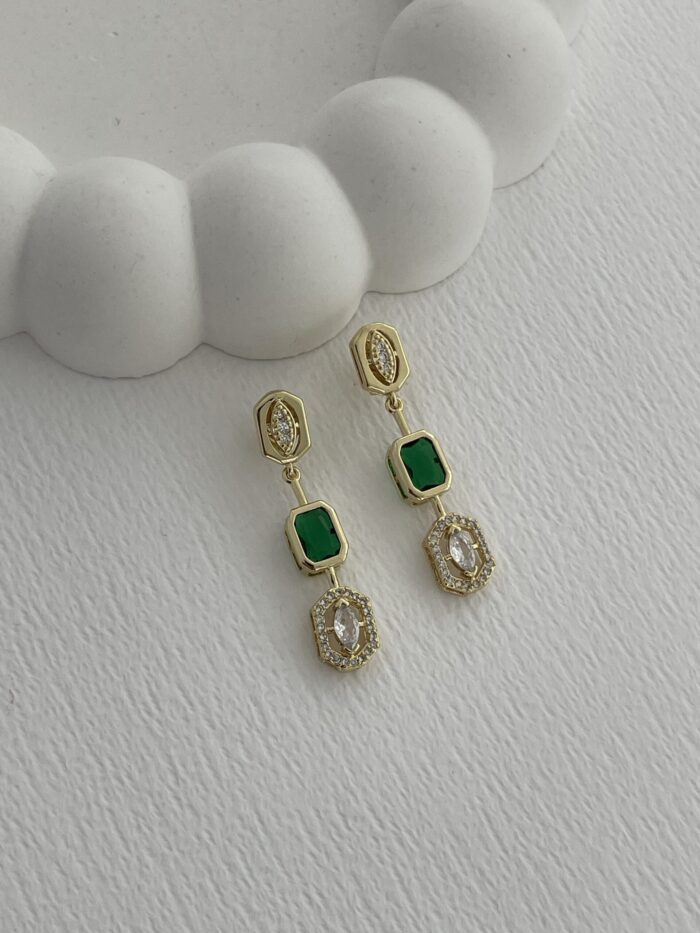 Özel Seri Zirkon & Yeşil Taşlı Geometrik Tasarım Gold Küpe