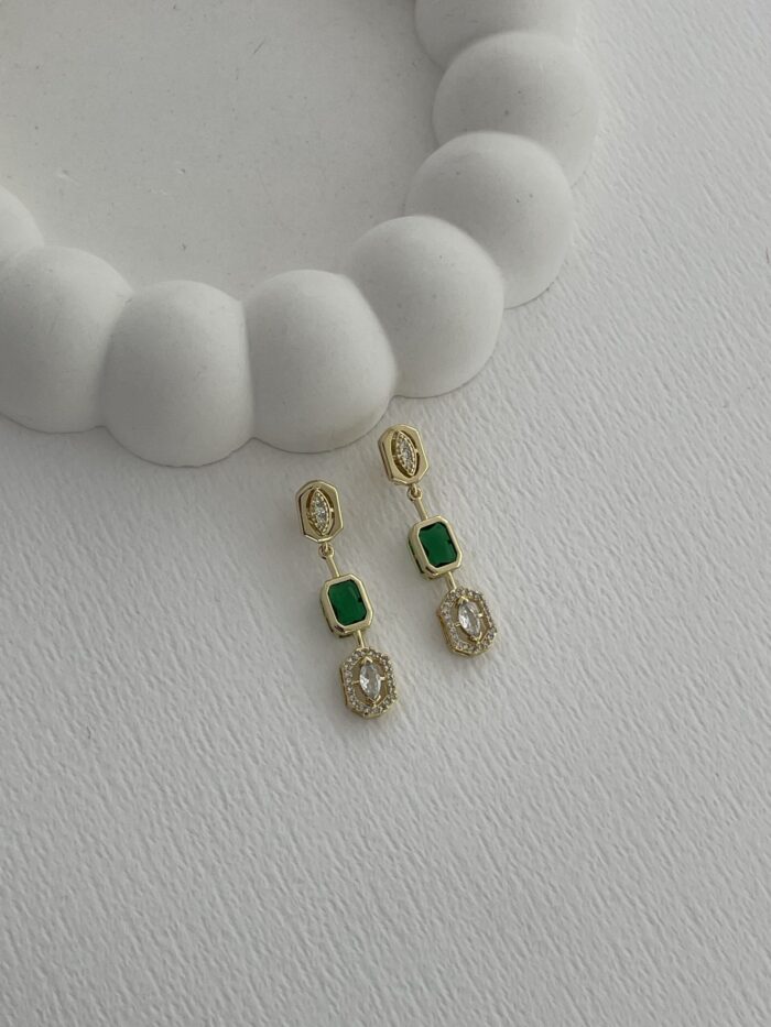 Özel Seri Zirkon & Yeşil Taşlı Geometrik Tasarım Gold Küpe
