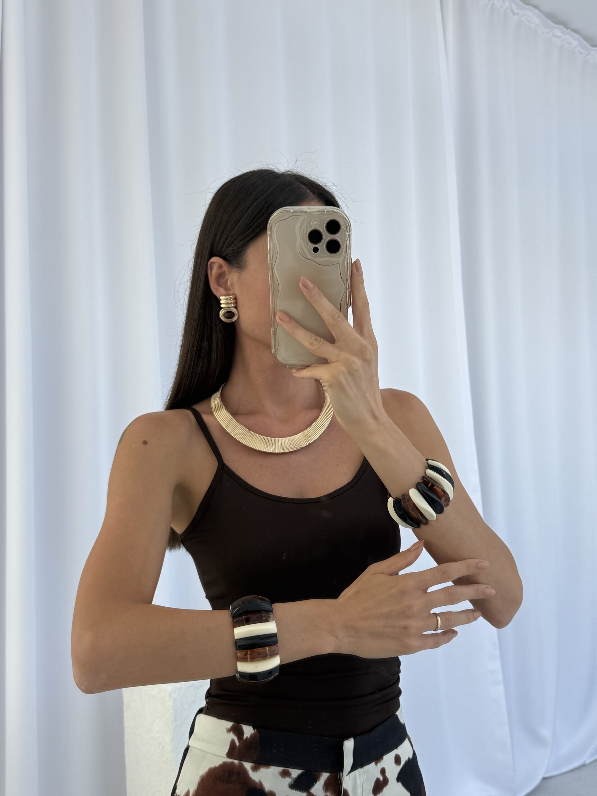 img_9885 Özel Seri Kahverengi Mineli Geometrik Tasarım Gold Küpe