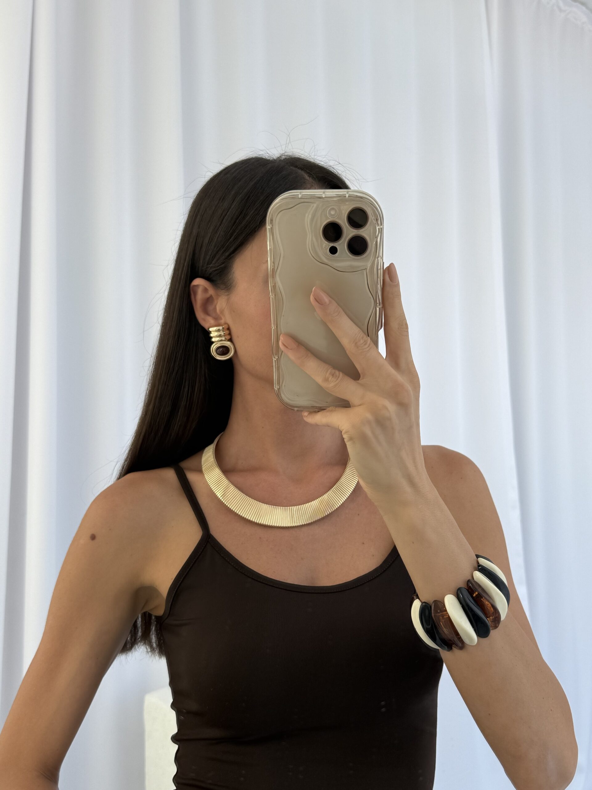 img_9895 Özel Seri Kahverengi Mineli Geometrik Tasarım Gold Küpe