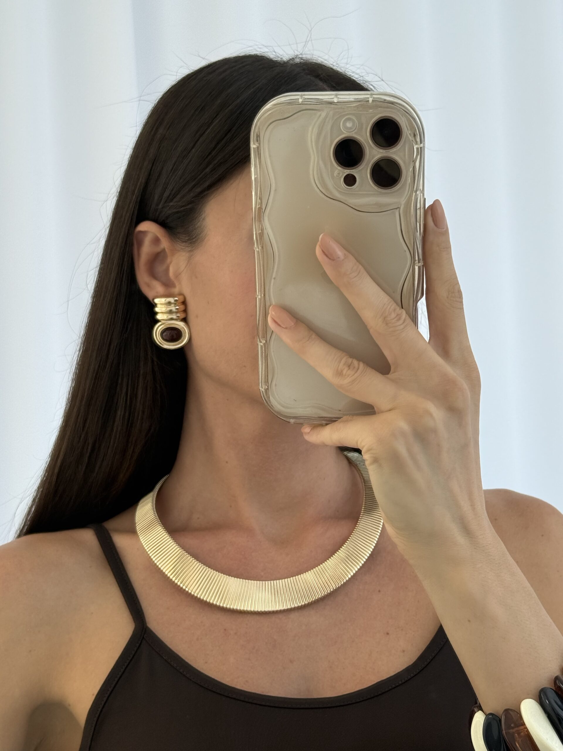 img_9905 Özel Seri Kahverengi Mineli Geometrik Tasarım Gold Küpe