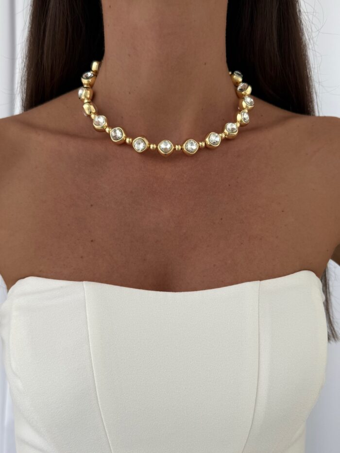 Özel Seri Çift Tarafı Zirkon Taşlı Gold Yuvarlak Choker Kolye