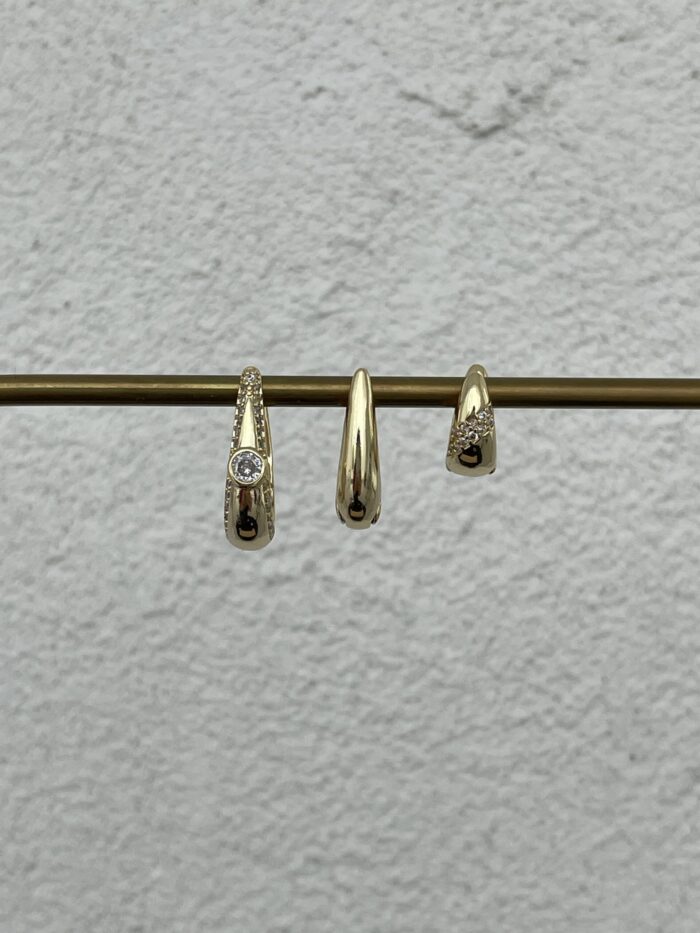 Özel Seri Zirkon Taşlı Damla Üçlü Halka Gold Küpe Seti