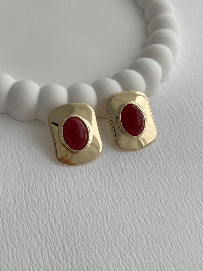 Özel Seri Vintage Tasarım Bordo Mineli Gold Küpe
