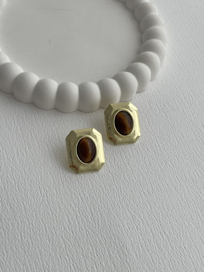 Özel Seri Vintage Tasarım Kahverengi Kaplan Gözü Gold Küpe
