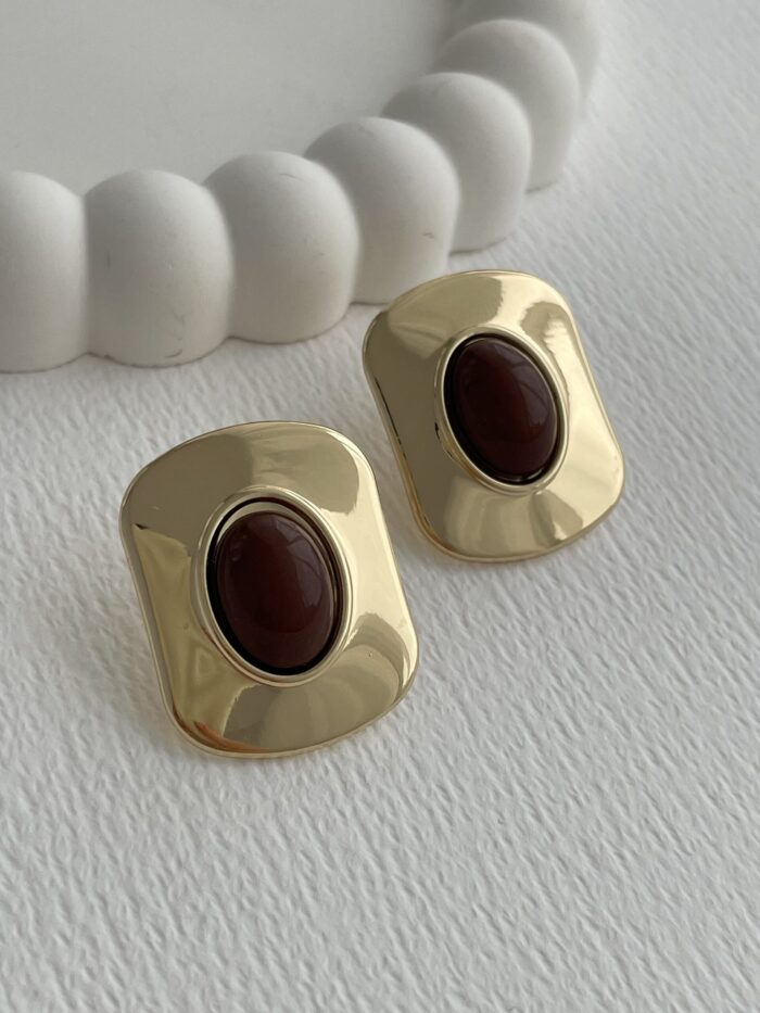 Özel Seri Vintage Tasarım Kahverengi Mineli Gold Küpe
