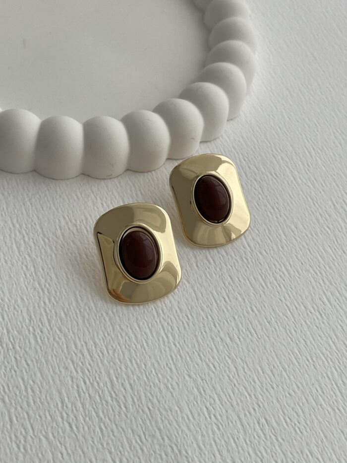 Özel Seri Vintage Tasarım Kahverengi Mineli Gold Küpe