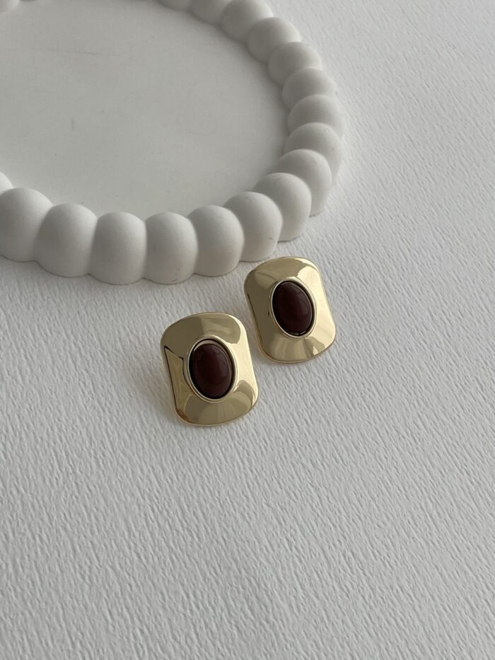 Özel Seri Vintage Tasarım Kahverengi Mineli Gold Küpe