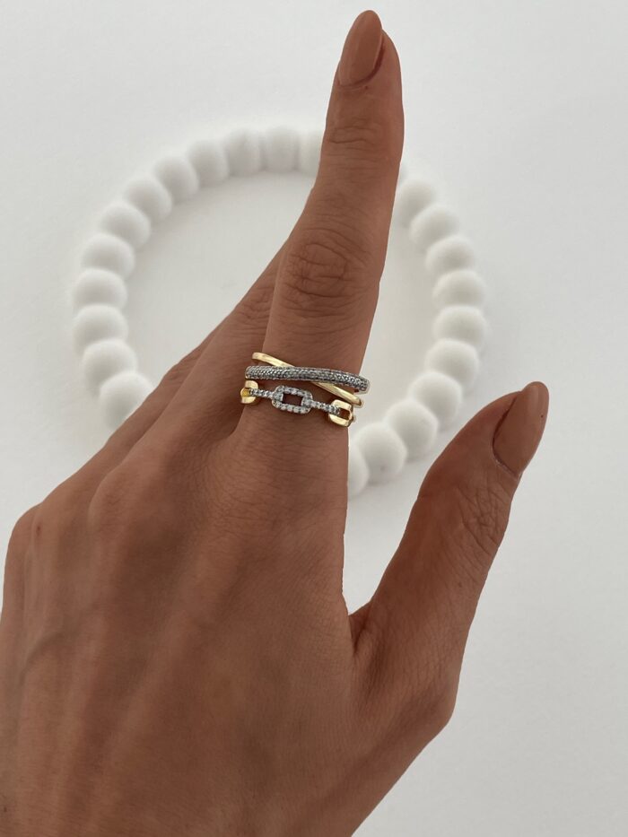 Özel Seri Zirkon Taşlı Zincir & X Tasarım Gold Ayarlanabilir Yüzük
