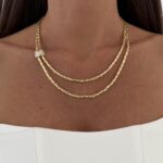 Özel Seri Baget Taşlı Desenli Arpa Zincir 14k Gold Kolye