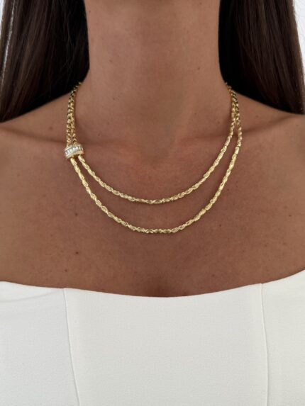 Özel Seri Baget Taşlı Desenli Arpa Zincir 14k Gold Kolye