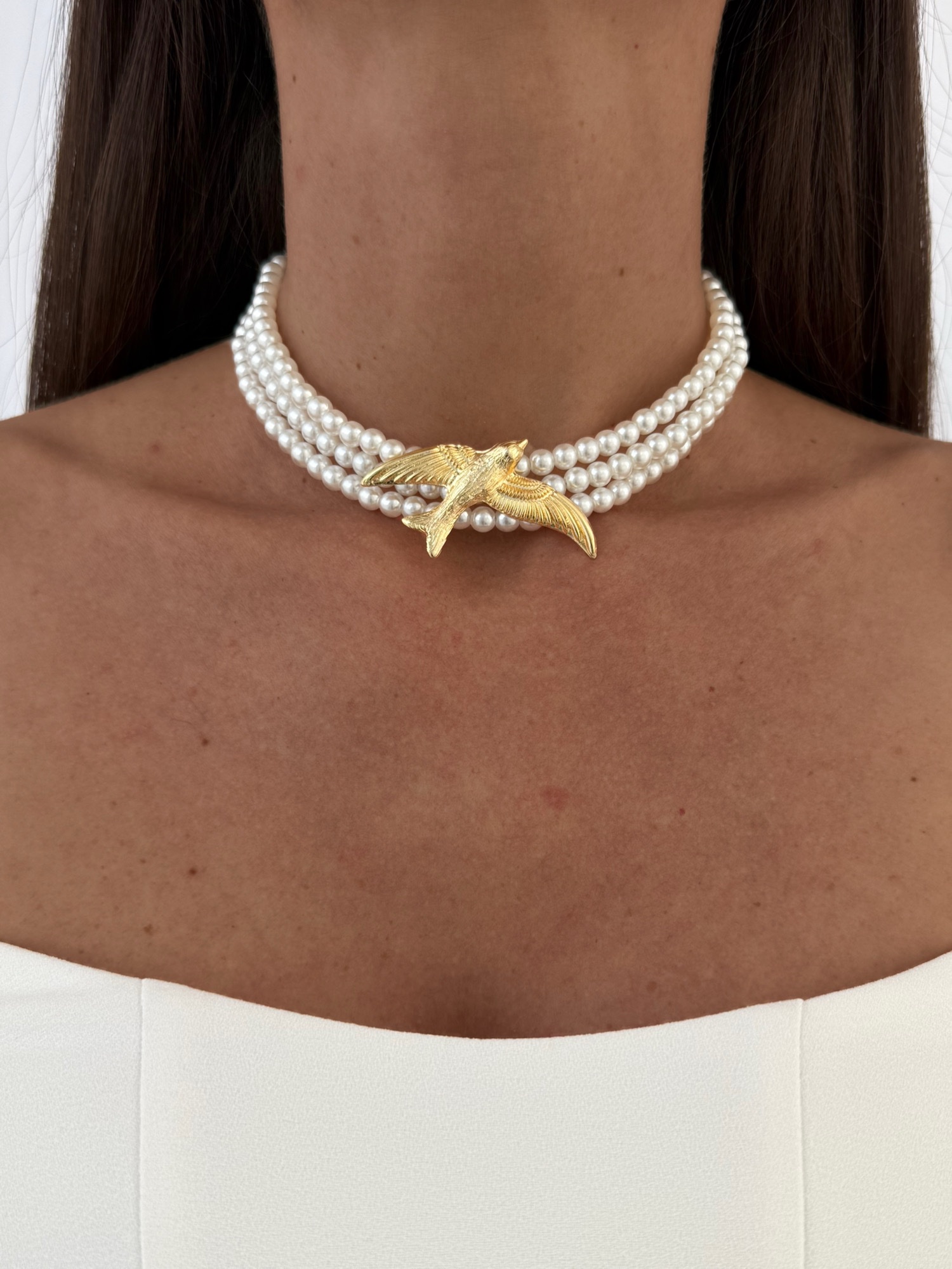 img_1244-2 Özel Seri Anka Kuşu Tasarım Gold Üçlü İnci Choker Kolye